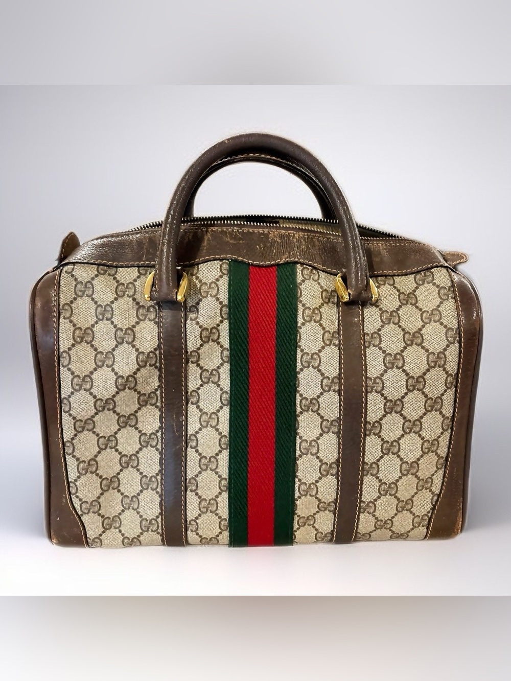 Authentic Gucci Brown Trim Beige GG Canvas Shoulder Bag with Red & Green Stripe